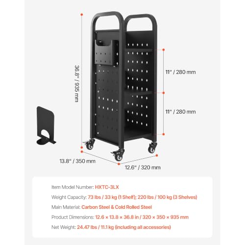 Carbon Steel Rolling Book Cart 3 Shelf Library Organizer