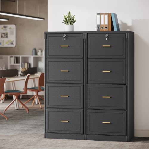 LITTLE TREE 4-Drawer File Cabinet with Lock, Large Vertical Storage Cabinet, Secure Space-Saver for Home Office, Compatible with A4/F4/Letter/Files, Filing Cabinets for Home Office (Black, MDF)