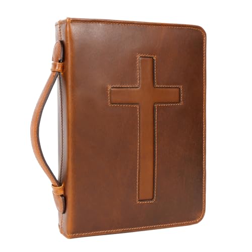ELIZO Leather Bible Cover Case for Men Women Genuine Leather Bible Bag Holder Cross Large Carrying with Zipper Case Protector Christian Religious Gifts for Mens (Cognac/Tan, Study/Large)