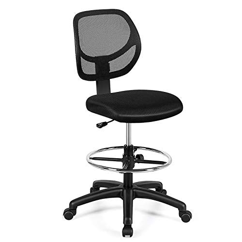 GIANTEX Drafting Chair Tall Office Chair with Back, Height Adjustable Home Office Chair on Wheels, Ergonomic Computer Standing Desk Chair with Footrest Ring for Bedroom, Black