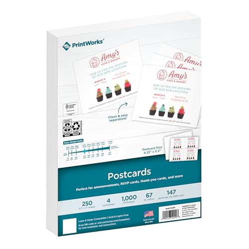 PrintWorks Blank Printable Postcards for Mailing & Printing - 1000 Cards (4.25" x 5.5" Post Card Size) - 4 per Sheet - 250 Sheets (8.5” x 11”) - Made in the USA - No Envelope Needed - White (04299)