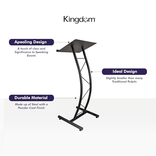 Kingdom KML8CB All Metal-Constructed Curved Lectern with “H” Style Base, Stand up Church Pulpit, Slanted Lectern, Conference Podium for Speakers, Speeches, Other Occasions, Powder Coat Finish Black