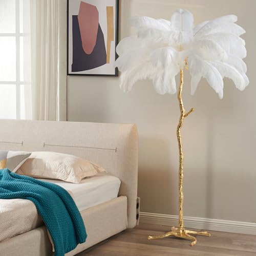MAYOLA Luxury Resin Ostrich Feather Lamp, 35 Pieces Real Ostrich Feathers,Floor Lamp,for Living Room, Bedroom and Office 67” Tall Feather Lamp(White, Floor Lamp)