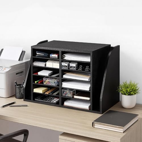VEVOR Literature Organizer, 12 Compartments Office Mailbox with Side Vertical Storage, Wooden Mailbox Sorter Made of Particle Board, Countertop Office Home Organizer for File, Document, Paper, Black