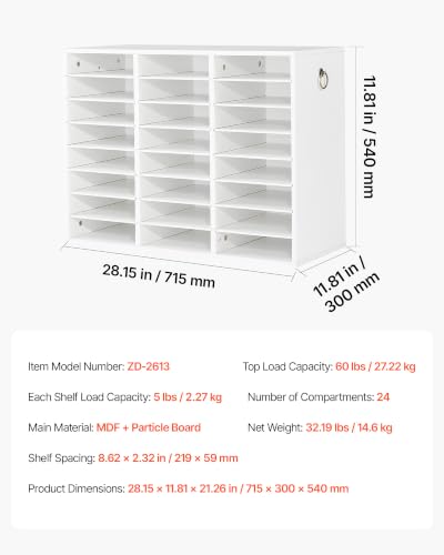 VEVOR Wood Literature Organizer 24 Compartments Office Mailboxes White | Countertop Literature Sorter for Files Documents Papers, with Adjustable Shelves, for Office, Home, Classroom Organization