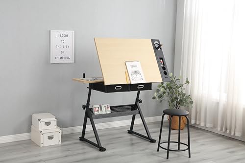 Acosure Drawing Desk with 2 Drawers and Stool,Bottom of The Drafting Table Legs W/Adjustable Angles,Tabletop can be Tilted,for Home,Office,School,White Oak