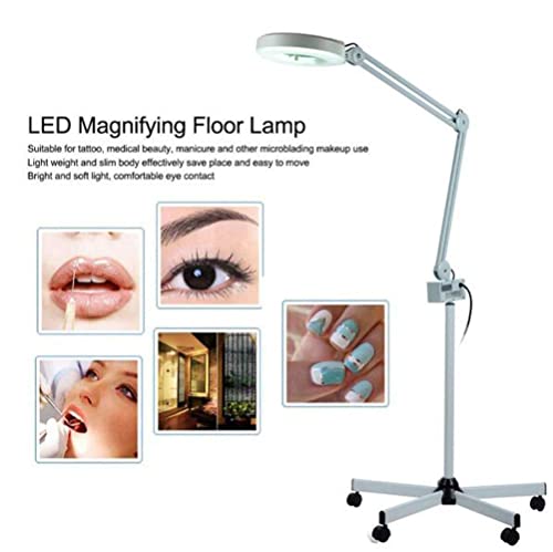EUQKKWLOY 5X Magnifying Glass Led Lamp with Rolling Floor Stand Adjustable Swivel Arm Beauty Magnifier Lamp for Tattoo Folding Shadowless Salon Spa Nail Skin Sharing