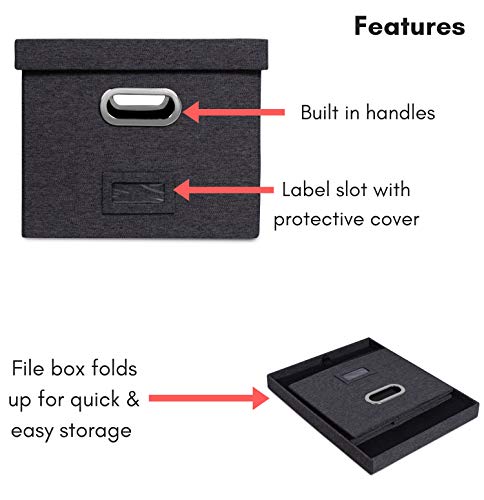 Internet's Best Collapsible File Storage Organizer with Lid - Decorative Linen Filing & Storage Office Box – Hanging Letter/Legal Folder – Home Office Bins Cabinet – Charcoal Container - 6 Pack