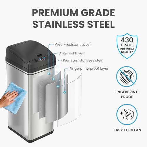 iTouchless 50 Liter / 13 Gallon Sensor 2.0 Kitchen Trash Can with Lid Lock