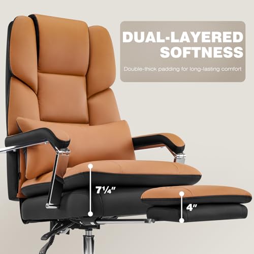 Furniliving Big and Tall Office Chair 500lbs,High Back Executive Leather Office Chair with Footrest,Wide Seat Reclining Desk Chair with Lumbar Support, Armrest, Brown