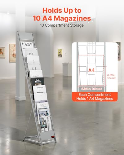 VEVOR Brochure Display Rack, 10 Pockets Magazine Literature Display Stand, Portable Floor Standing Magazine Rack, Metal Newspaper Catalog Holders for Shop, Exhibitions, Office, Trade Show, Silver