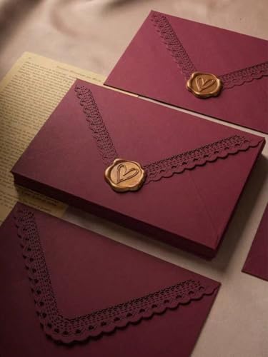 Laser Cut Lace Triangle Envelopes, Vintage Floral Edge Wedding Invitation Cards, Western Style Stationery Paper Envelopes for Christmas Birthday Gift, Holiday Party Decoration, Love Letter(Dark Red50)