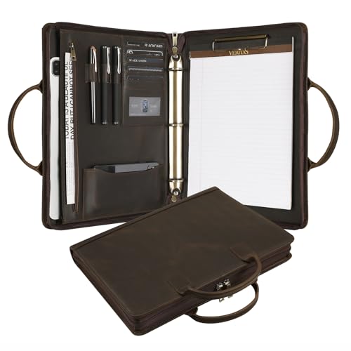 Leather Portfolio Binder with Clipboard, Letter Size Notepad Padfolio with Handle, Work Portfolio Organizer for Men, Dark Khaki