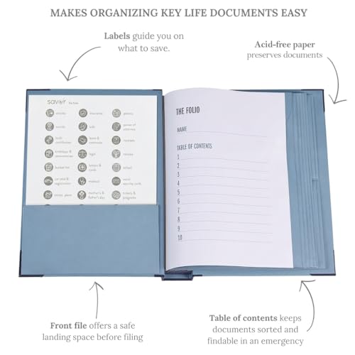 The Folio® Important Document Organizer by Savor | Binder with Guided Labels, Acid-Free File Folder Organizer with 10 Pockets, Document Holder for Home Records, Legal and Medical Papers (Blue)