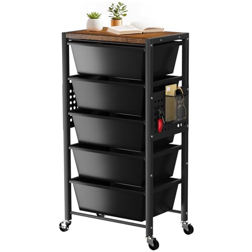 Rolling Cart with 5 Drawers, Plastic Drawer Storage Carts with Wheels & Wooden Tabletop, Metal Utility Cart with Pegboards, Office Living Room Classroom Craft Organization and Storage, Dark Black