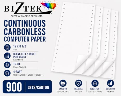 BIZTEK Continuous Carbonless Computer Paper 12 x 8 1/2, Blank Left and Right Perforated, 15 lb, 4-Part, W/W/W/W, All Sheets are White - - 900 sets