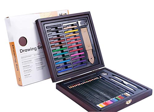 YYMIYU 48 Art Tools in Hand-painted Color Lead Brushes in Wooden Box