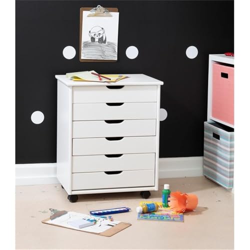Riverbay Furniture Six Drawer Wood Rolling Cart, 20.75" w x 15.13" d x 25.5" h, White Wash Finish, Wide Drawers, Contoured Handles, Mobile Storage for Office, Kitchen, Bedroom