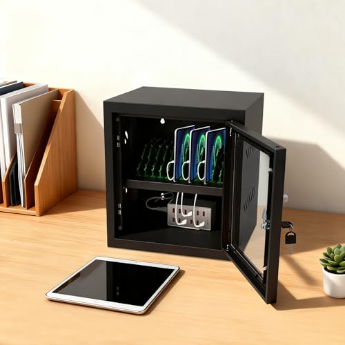 Florchest 12-Device Locking Charging Station, Wall-Mount Storage Box for Phones Laptops and Tablets, Secure Lockable Cabinet for Classroom, Library and Office