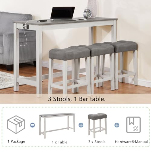 Ball & Cast 4 Piece Dining Table and Chairs Set with Charging Station, Farmhouse Wooden Kitchen Island-Table w/USB&Typc C&Power Outlet, 59" Behind Sofa-Table w/3pcs Upholstered Stools,White&Grey