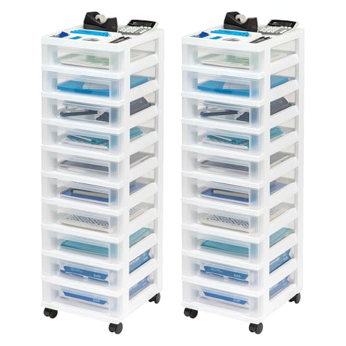 IRIS USA 2 Pack 10-Drawer Plastic Storage Rolling Organizer Cart with Caster Wheels for Laundry Room, Bathroom, or Closet Dresser Storage, White/Clear