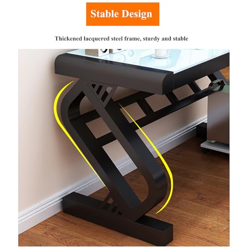 Modern Office Desk with Glass Top & Z-Shaped Metal Frame, Tempered Glass Computer Desk, Sturdy Writing Desk Table Study Desk, Gaming Desk Computer Desk for Home Office Workstation(Black+black,80*60*75