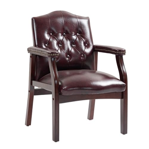 Elyveont Burgundy Leather Office Reception Chair No Wheels with Arms, Guest Waiting Room Chairs with Padded Seat, Executive Side Lobby Chair for Conference, Church, Pastors