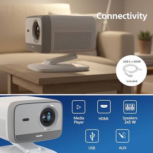 Philips Neopix 444, 4K Video Projector, Native Resolution 1080p, 500 ANSI Lumens, 10-watt Stereo Sound, Autofocus, Auto Keystone, HDMI to USB-C Cable Included, White.