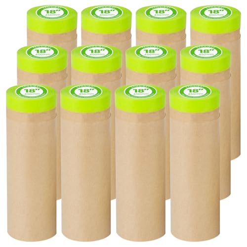 Tangibay Pre-Taped Masking Paper for Painting - 18 inch x 50 feet Tape and Drape Painters Paper, Paint Adhesive Protective Paper Roll for Covering Skirting, Frames, Cars and Auto Body (12 Rolls)