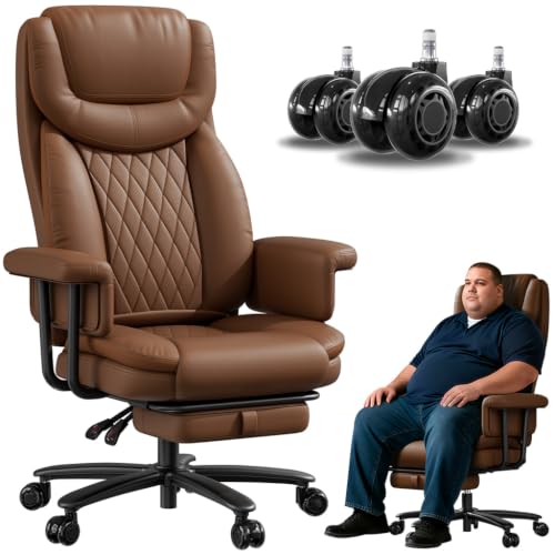 JULYMON Executive Office Chair Big and Tall 500LBS, 165° Reclining Heavy Duty Office Chair with Footrest & Quiet Rubber Wheels, Height Adjustable, Soft Strong Padded Arms, Brown