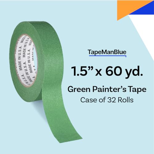 High Tack Green Painters Tape, 1.5 inch x 60 Yards, Case of 32 Rolls, Made in America, Strong Painters Masking Tape, Clean Removal, UV Resistant