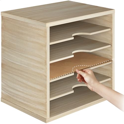 Ballucci 5-Tier File Organizer for Desk, Mail Sorter, Office Desk Organization, Paper Storage Organizers, Folder Holder for Desk, Letter Trays & Stacking Supports, Brushed Wood
