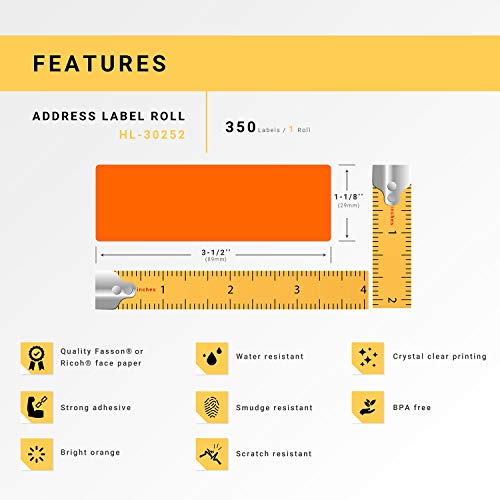 HouseLabels Compatible with Dymo 30252 Labels, Orange, 1-1/8" x 3-1/2"