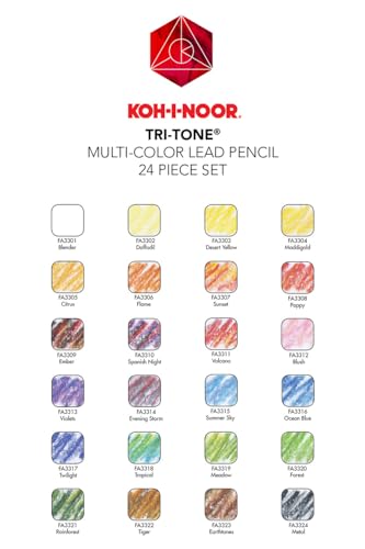 Koh-I-Noor Tri-Tone Multi-Colored Pencil Set, 24 Assorted Colors in Tin and Blister-Carded (FA33TIN24BC)
