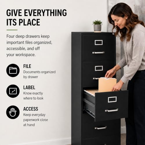 Scranton & Co 4-Drawer Metal Vertical Filing Cabinet, 22 in Depth, Black Finish, Letter Width, Durable Steel Construction, Locking Mechanism, Compact Design for Office or Home Workspace Storage