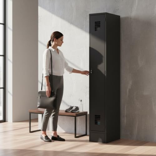 Mix.Home Commercial Metal Locker, 12" x 15" x 78", Black, 1-Tier Freestanding Steel Storage Locker with Ventilated Door, Lockable Design & Hooks, Unassembled, for Office, Gym, School & Warehouse