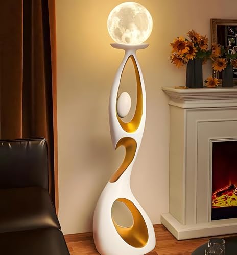 EOQIFJM Modern Nordic Abstract Art Moon Floor Lamp, Standing Sculpture Light, Figurine Light 3-Color Touch Cordless Rechargeable 3D Printed for Living Room Bedroom Tall Corner Lamp(White)