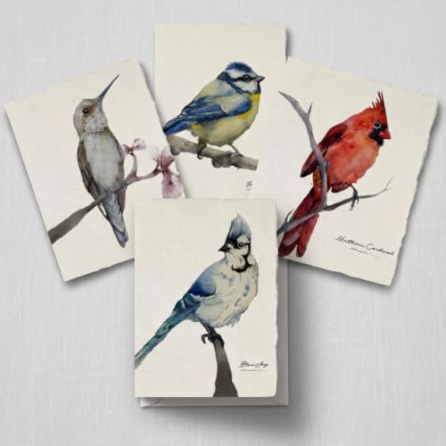 WANDERINGS Handmade Deckle Edge Blank Greeting Cards & Envelopes with Bird Art - 300 GSM Paper– 20 Cards (5 Each of 4 Varieties) for Invitations, Thank Yous, Get Well and Birthday Cards –5" x 7"