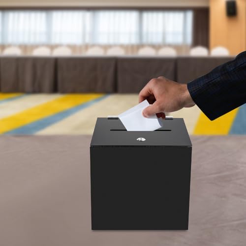 WUSILILU Acrylic Donation Box with Lock, 10*10*10in Suggestion Box with Slot and 2 Keys, Money Storage Container for Fundraising, Voting, Collecting Suggestions, Complaint Letters (Black, 10*10in)