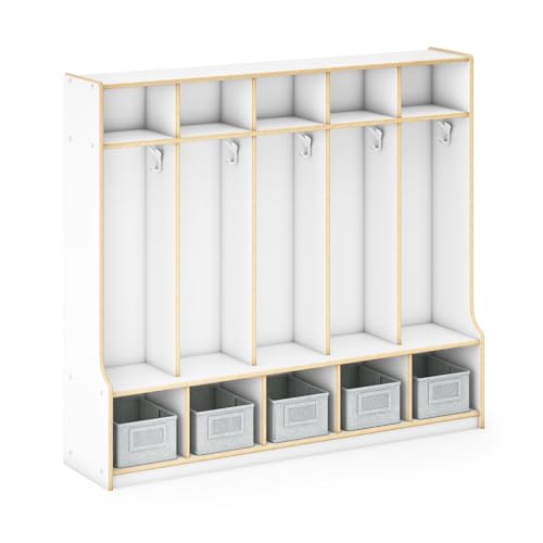 Guidecraft EdQ 5-Section Wooden Storage Locker with Bench Seat for Classroom, Kids White Cubby Organizer with Shelves and Hooks for Coats, Divided Playroom Storage with Bins
