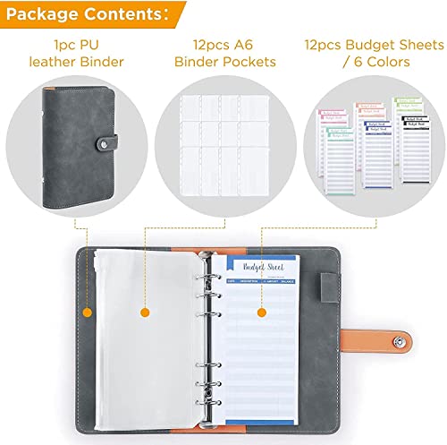 GFHSKRPL A6 PU Leather Budget Binder Notebook Cash Envelopes Planner Wallet with Binder Pockets, Expense Budget Sheets, for Money Saving(D)