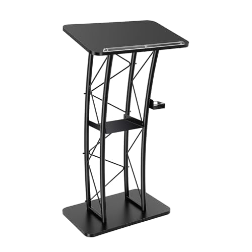 Black Curved Podium, Metal Pulpit Lectern with Baffle & Cup Holder, Truss Lectern Slanted Conference Pulpit for Speeches Opening Ceremony, W 23.6 x L 16in, H: 47in