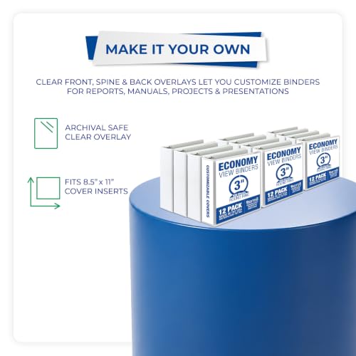 Samsill 3 Inch 3 Ring Binders, Economy Round Ring, Clear View Cover, 550 Sheet Capacity - for School, Home, Office - White, 12 Pack