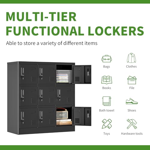 Yukimo 9 Doors Metal Lockers for Employees, Steel Storage Locker with Lock and Card Slot, Employee Lockers for Home, Office, School, Gym, Require Assembly(Black)