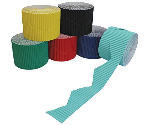 Bright Ideas Arts and Crafts Corrugated Border Rolls for School Displays 6 Pack, 6 x 10cm x 7.5m Ziz-Zag, Black, Yellow, Emerald, Red, Blue, Bright Blue