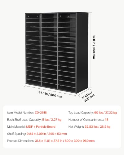 VEVOR Wood Literature Organizer 48 Compartments Office Mailboxes Black | Countertop Literature Sorter for Files Documents Papers, with Adjustable Shelves, for Office, Home, Classroom Organization