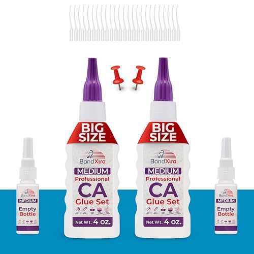 BondXtra 8 oz Medium CA Glue for Woodworking, Premium Super Glue Kit for Wood Turning with Extra Bottles, Anti Clog Caps, Microtips, Medium Viscosity Cyanoacrylate for Plastic, DIY, Craft, Hobby, etc