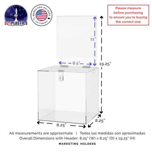 Marketing Holders Locking 8 Inch Ballot Box with Removable 8.5" x 11" Header Sign Holder Clear Acrylic Cube Suggestions Bin