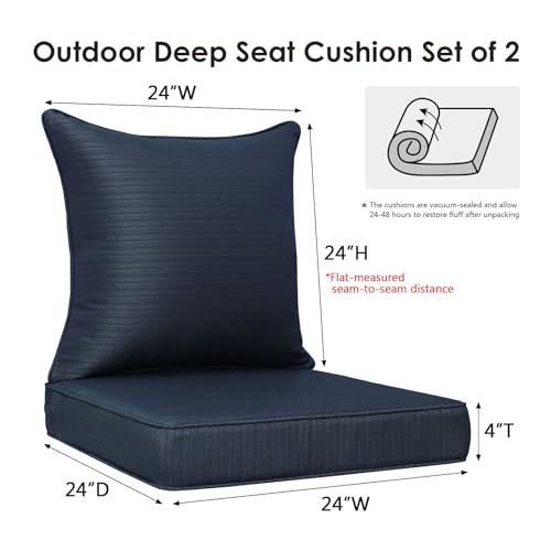 Unimatta Outdoor Patio Chair Cushions Set, 24" x 24"(24x24 Back), Set of 2, Water-Repellent, Fade Resistant, Deep Seat Bottom and Back Cushion for Backyard, Couch, Sofa, Dark Blue Linen