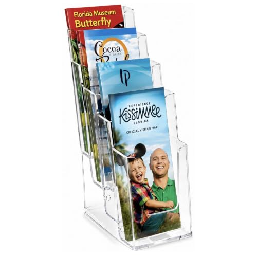 SOURCE ONE Premium Brochures Holder for 4” Trifold Booklets – 4-Tier – Clear Acrylic Countertop Organizer